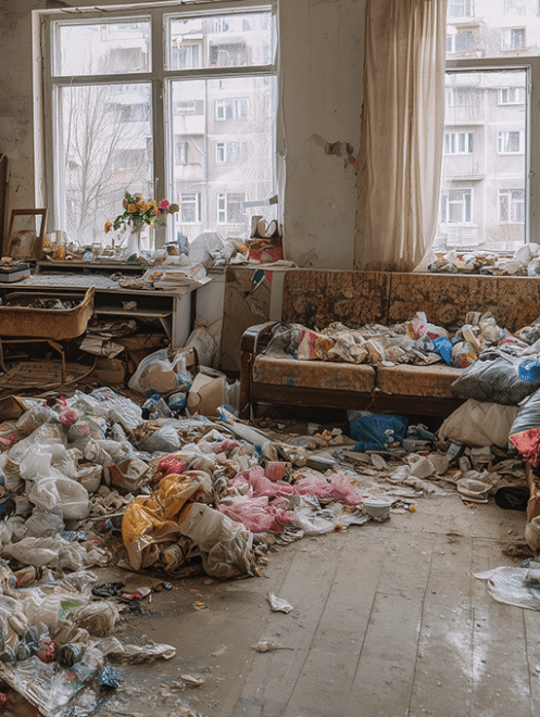 Nettoyage et désencombrement – Major'Dom 67 Séjour encombré de déchets, nécessitant l’intervention de Major'Dom 67 pour un nettoyage complet