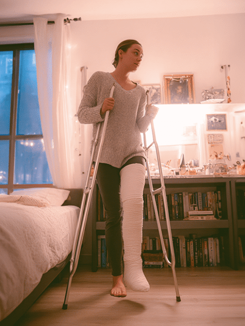 Aide à domicile pendant une convalescence – Major'Dom 67 Femme avec le pied dans le plâtre faisant appel à Major'Dom 67 pour l’aider pendant sa convalescence